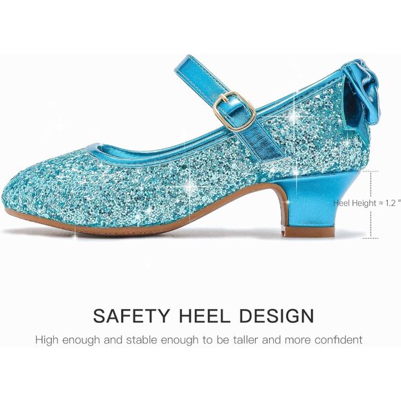 Girls Elegant Sequin Blue Girl Mary Jane Glitter Princess Wedding Dress Shoes - Picture 6 of 7